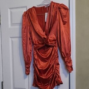 Glamaker Rust Satin Long Sleeve Twist Front Mini Dress